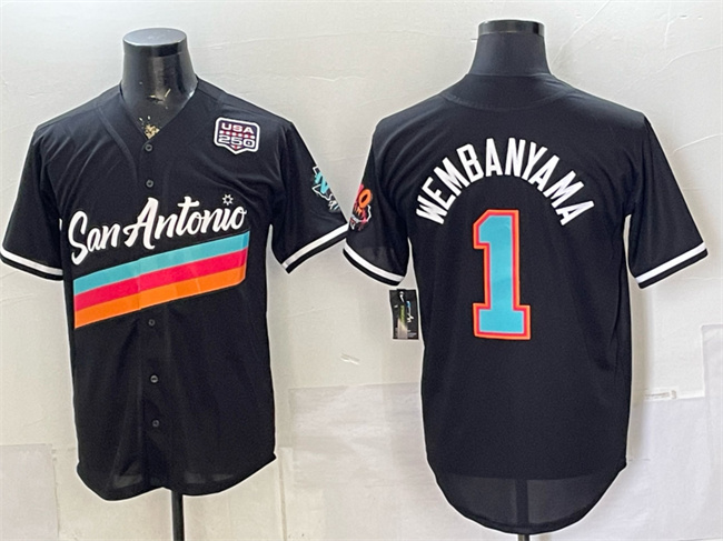 Men's Black San Antonio Spurs #1 Victor Wembanyama USA 250' Patch City Edition Stitched Baseball Jersey